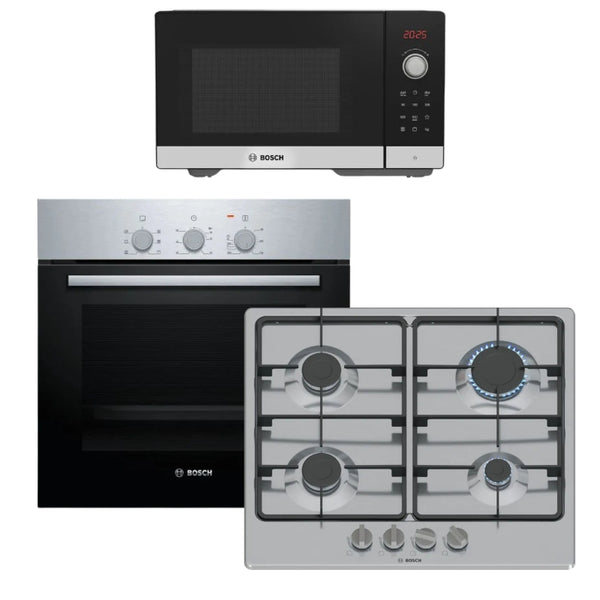 BOSCH 60CM GAS HOB, ELECTRIC OVEN & MICROWAVE COMBO – PGP6B5K60Z & HBF011BRIZ & FEL053MS1M