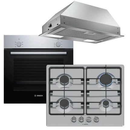BOSCH 60cm COMBO GAS HOB + CANOPY HOOD EXTRACTOR + BUILT-IN 60CM OVEN - PGP6B5K60Z + DLN53AA50 + HBF010BRIZ