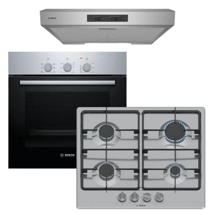 BOSCH 60CM GAS HOB, ELECTRIC OVEN & EXTRACTOR – PGP6B5K60Z & HBF011BR2Z & DHU635HZA