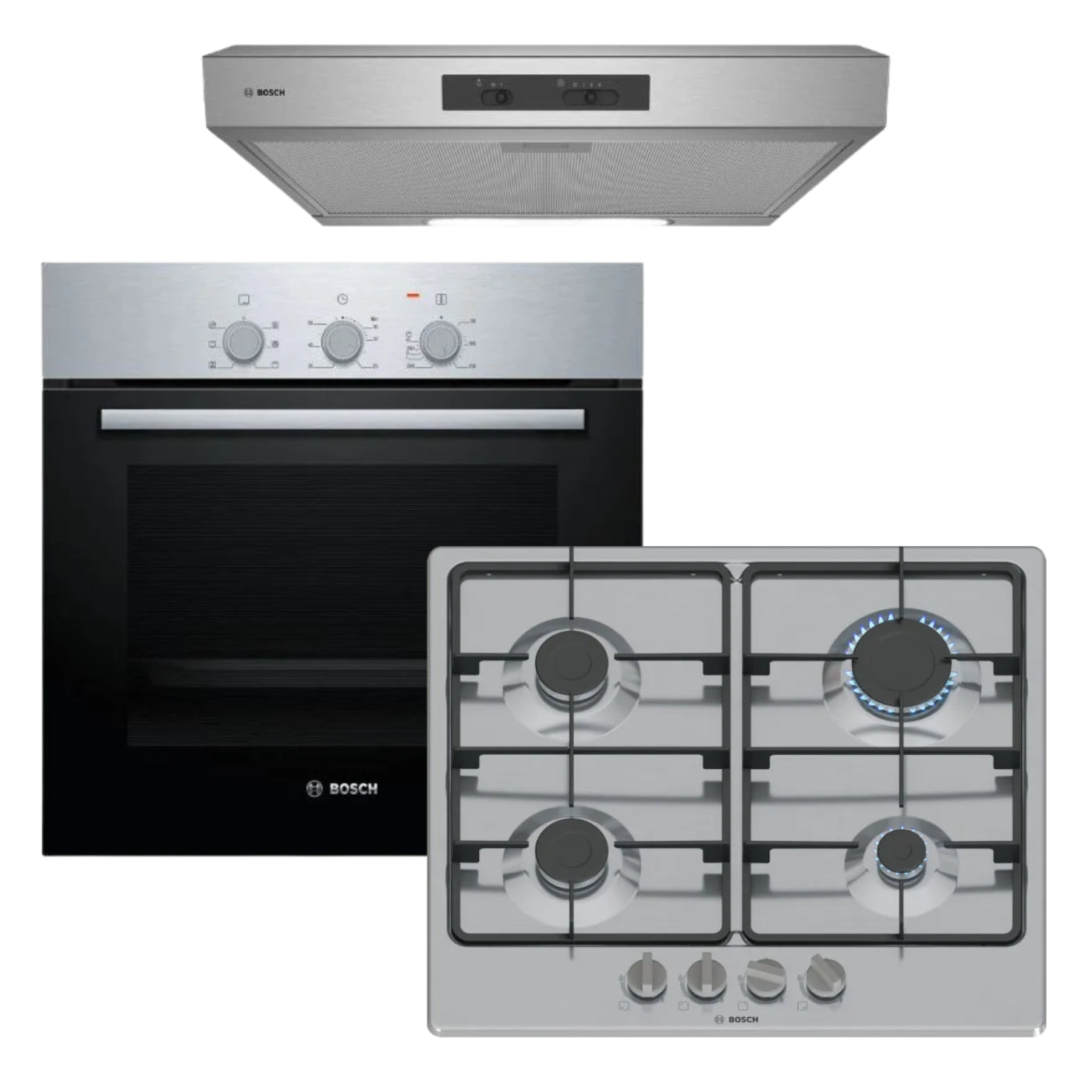 BOSCH 60CM GAS HOB, ELECTRIC OVEN & EXTRACTOR – PGP6B5K60Z & HBF011BRIZ & DHU635HZA