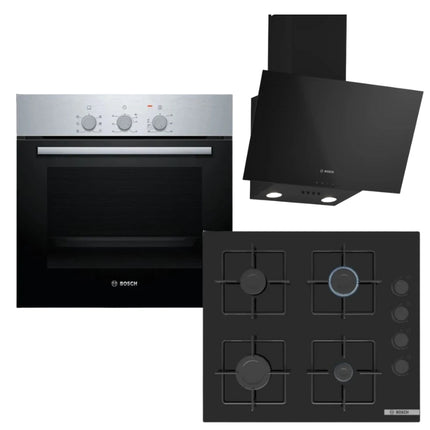 BOSCH 60CM GAS HOB BLACK GLASS SERIES 4 - POP6C6P30M + BOSCH 60CM OVEN - HBF011BRIZ + BOSCH 60CM WALL MOUNTED COOKER HOOD  BLACK - DWK63PJ60Z