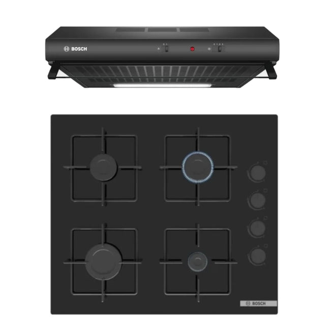 BOSCH 60CM GAS HOB BLACK GLASS POP6C6P30M + BOSCH 60CM EXTRACTOR HOOD DHU636HQ