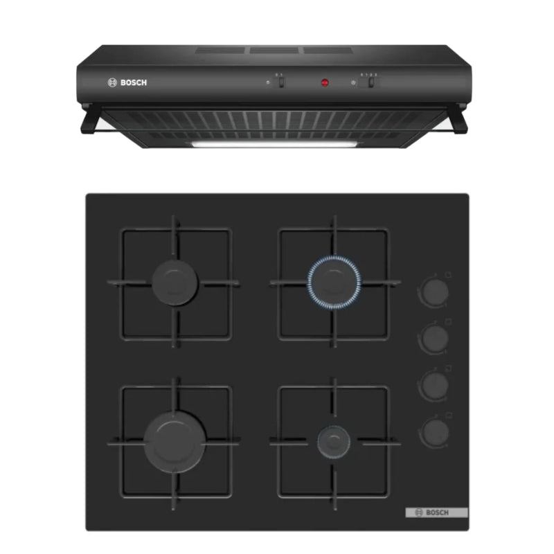 BOSCH 60CM GAS HOB BLACK GLASS POP6C6P30M + BOSCH 60CM EXTRACTOR HOOD DHU636HQ