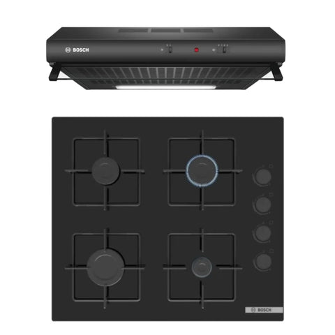 BOSCH 60CM GAS HOB BLACK GLASS POP6C6P30M + BOSCH 60CM EXTRACTOR HOOD DHU636HQ