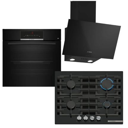 BOSCH GAS HOB 60CM BLACK TEMPERED GLASS SERIES 6 - PPP6A6I40Z + BOSCH 60CM BLACK OVEN SERIES 6 - HBJ559EB6Z + BOSCH 60CM  WALL MOUNTED COOKER HOOD BLACK - DWK63PJ60Z