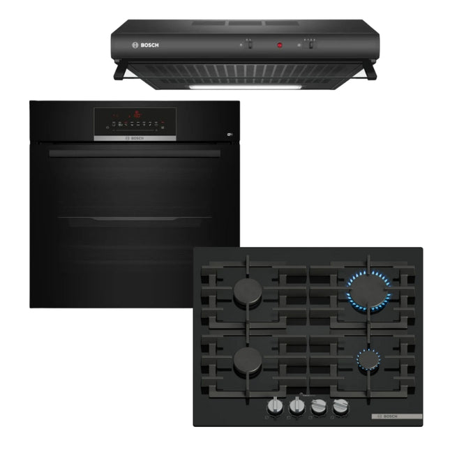 BOSCH GAS HOB 60CM BLACK TEMPERED GLASS SERIES 6 -PPP6A6I40Z + BOSCH 60CM BLACK BUILT-IN OVEN SERIES 6 - HBJ559EB6Z + BOSCH 60CM BUILT-IN COOKER HOOD - DHU636HQ