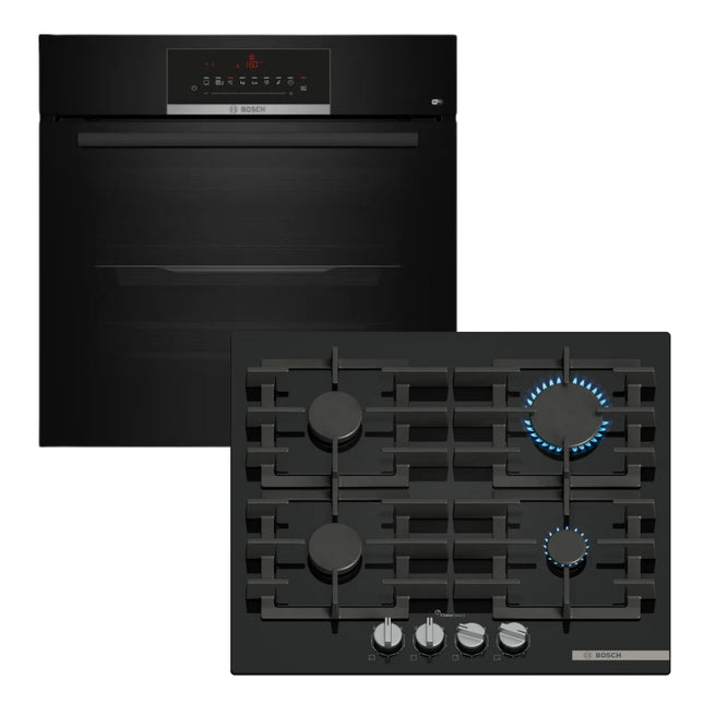 BOSCH GAS HOB 60CM BLACK GLASS SERIES 6 - PPP6A6I40Z + BOSCH 60CM OVEN SERIES 6 - HBJ559EB6Z
