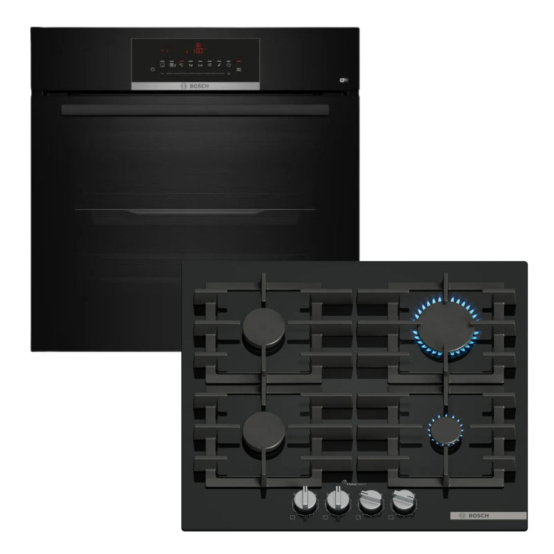 BOSCH GAS HOB 60CM BLACK TEMPERED GLASS SERIES 6 -PPP6A6I40Z + BOSCH 60CM BLACK BUILT-IN OVEN SERIES 6 - HBJ559EB6Z