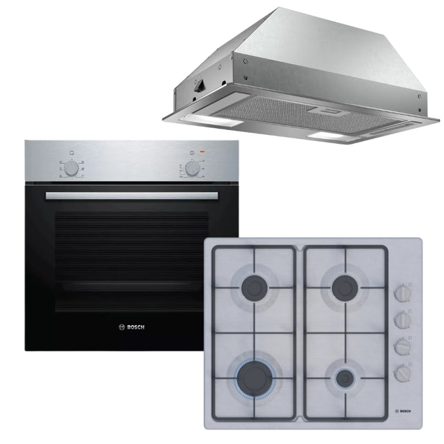 BOSCH 60CM  GAS HOB STAINLESS STEEL – PBP6C5K60M + BOSCH 53CM CANOPY HOOD EXTRACTOR SERIES 2 - DLN53AA50  + BOSCH 60CM BUILT-IN EYE LEVEL OVEN SERIES 2- HBF010BR1Z