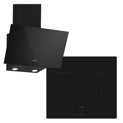 BOSCH 60CM INDUCTION HOB BLACK GLASS - PUG61KAA5E + BOSCH 60CM WALL MOUNTED COOKER HOOD BLACK - DWK63PJ60Z