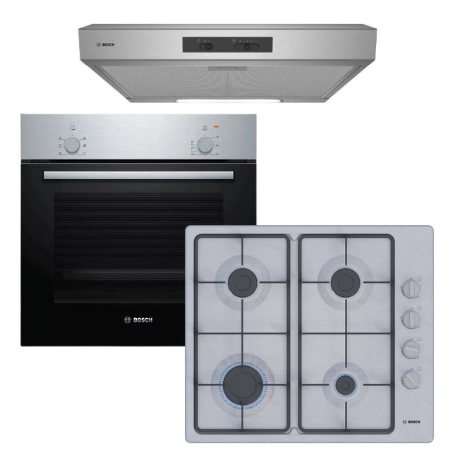 BOSCH 60CM GAS HOB STAINLESS STEEL – PBP6C5K60M + BOSCH 60CM BUILT-IN EYE LEVEL OVEN SERIES 2- HBF010BR1Z + BOSCH  60CM EXTRACTOR - DHU635HZA