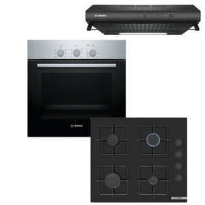 BOSCH 60CM GAS HOB BLACK GLASS – POP6C6P30MN + BOSCH 60CM OVEN – HBF011BR2Z + 60CM EXTRACTOR – DHU636HQ