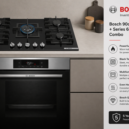 Bosch 90cm Gas Hob & Series 6 Built-in Oven Combo Black Glass + Stainless Steel (PPQ9B6140M + HJG852ES0Z)