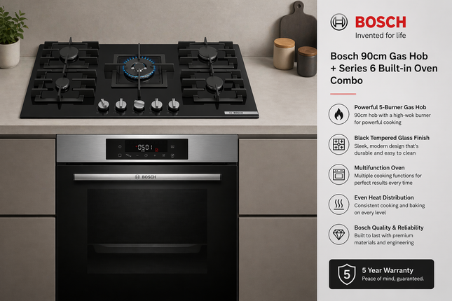 Bosch 90cm Gas Hob & Series 6 Built-in Oven Combo Black Glass + Stainless Steel (PPQ9B6140M + HJG852ES0Z)