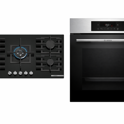 Bosch 90cm Gas Hob & Series 6 Built-in Oven Combo Black Glass + Stainless Steel (PPQ9B6140M + HJG852ES0Z)