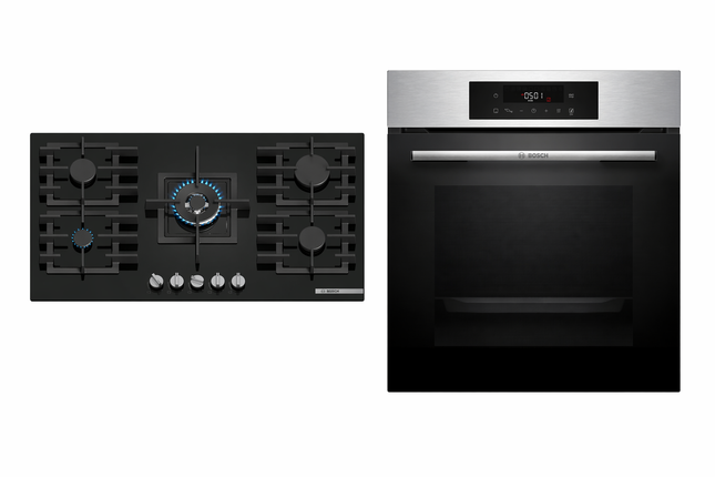 Bosch 90cm Gas Hob & Series 6 Built-in Oven Combo Black Glass + Stainless Steel (PPQ9B6140M + HJG852ES0Z)