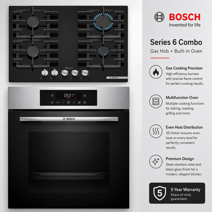 Bosch Series 6 Gas Hob & Built-in Oven Combo 60cm Black Glass + Stainless Steel (PPP6A6I40Z + HJG852ES0Z)