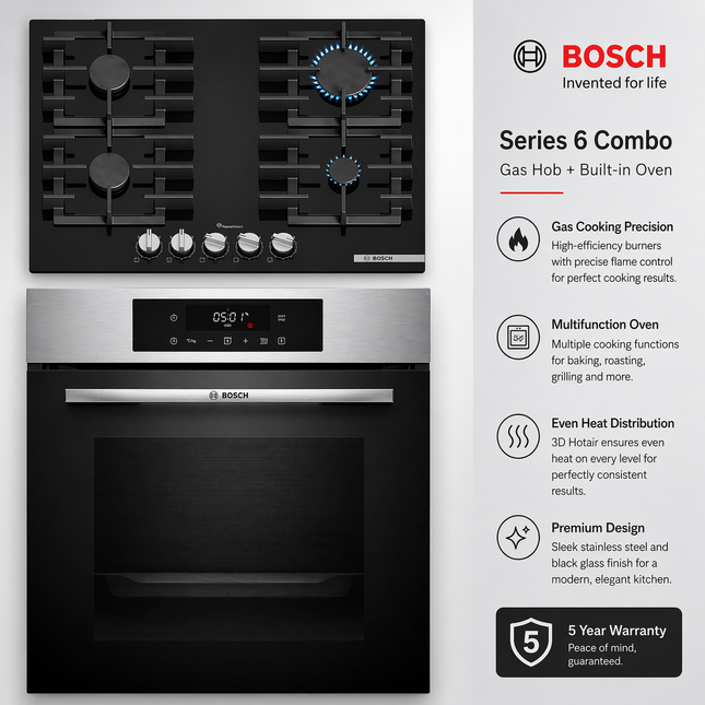 Bosch Series 6 Gas Hob & Built-in Oven Combo 60cm Black Glass + Stainless Steel (PPP6A6I40Z + HJG852ES0Z)