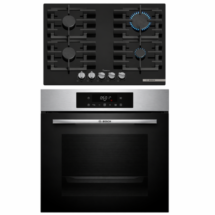Bosch Series 6 Gas Hob & Built-in Oven Combo 60cm Black Glass + Stainless Steel (PPP6A6I40Z + HJG852ES0Z)