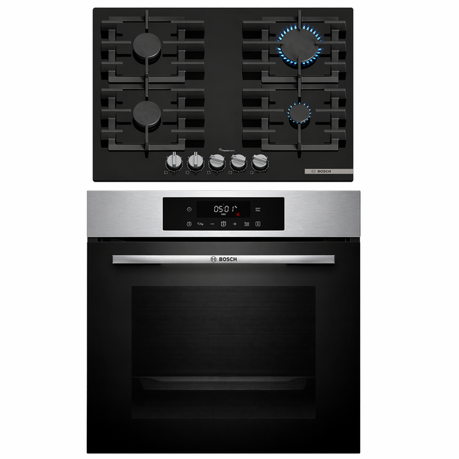 Bosch Series 6 Gas Hob & Built-in Oven Combo 60cm Black Glass + Stainless Steel (PPP6A6I40Z + HJG852ES0Z)