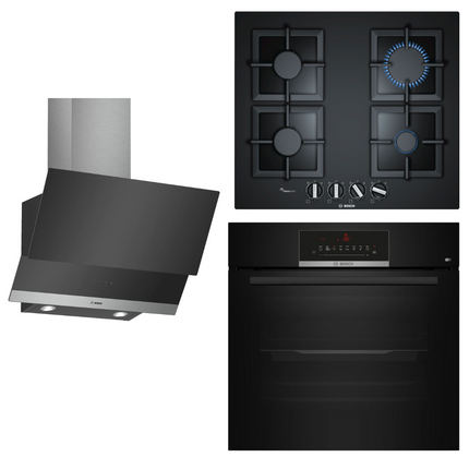 BOSCH 60CM GAS HOB + OVEN BLACK GLASS SERIES 6  + 60CM BLACK GLASS WALL MOUNTED EXTRACTOR COMBO