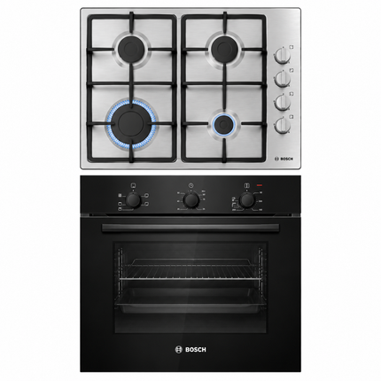 Bosch Series 2 cooking combo featuring PBP6C5K60M stainless steel four-burner gas hob and HBF011BA1Z black 71L built-in electric oven.