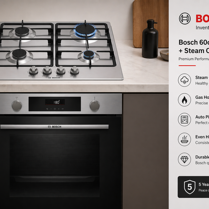 Bosch Series 2 Gas Hob & Series 4 Steam Oven Combo 60cm Stainless Steel (PGP6B5K60Z + HUA736ER0Z)