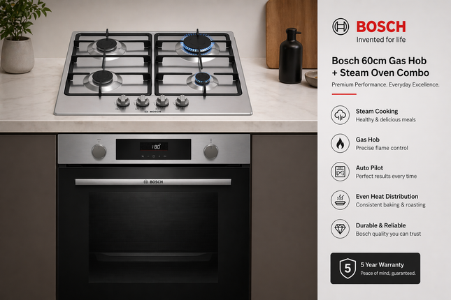 Bosch Series 2 Gas Hob & Series 4 Steam Oven Combo 60cm Stainless Steel (PGP6B5K60Z + HUA736ER0Z)