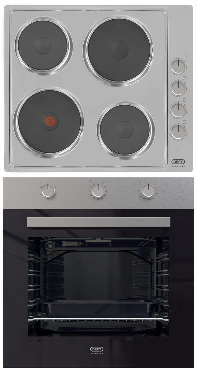 Defy DCB849E 60cm Slimline Eye-Level Oven and 4 Plate Hob Combo Silver Inox
