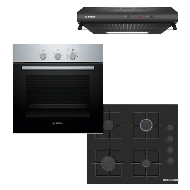 BOSCH 60CM GAS HOB BLACK GLASS – POP6C6P30M + BOSCH 60CM OVEN – HBF011BR2Z + 60CM EXTRACTOR – DHU636HQ