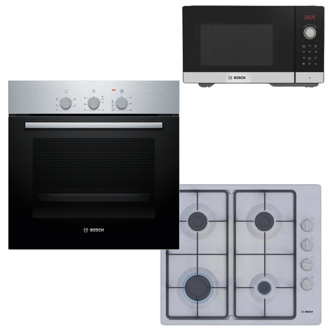 BOSCH OVEN 60CM HBF011BR2Z + BOSCH 60CM GAS HOB STAINLESS STEEL PBP6C5K60M + BOSCH MICROWAVE FEL053MS1