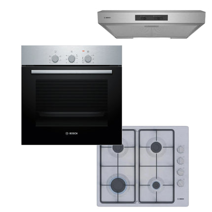 BOSCH OVEN 60CM HBF011BR2Z + BOSCH 60CM GAS HOB STAINLESS STEEL PBP6C5K60M +BOSCH 60CM EXTRACTOR DHU635HZA