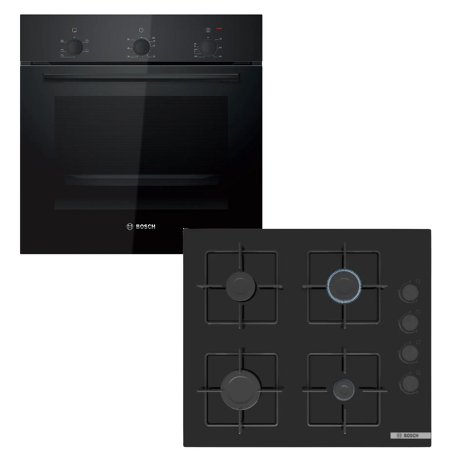 BOSCH 60CM OVEN BUILT-IN SERIES 2 BLACK - HBF011BA1Z + 60CM GAS HOB BLACK TEMPERED GLASS SERIES 4 - POP6C6P30M