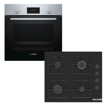 BOSCH 60CM GAS HOB BLACK TEMPERED GLASS SERIES 4 - POP6C6P30M + BOSCH 60CM OVEN MULTIFUNCTION BUILT IN SERIES 2 - HBF113BS0Z