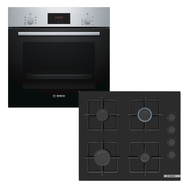 BOSCH 60CM GAS HOB BLACK TEMPERED GLASS SERIES 4 - POP6C6P30M + BOSCH 60CM OVEN MULTIFUNCTION BUILT IN SERIES 2 - HBF113BS0Z