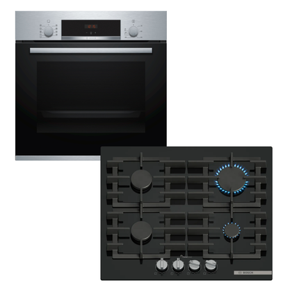 BOSCH 60CM SERIES 4 MULTIFUCTION BUILT IN OVEN - HBJ534ES0Z & BOSCH GAS HOB 60CM BLACK TEMPERED GLASS SERIES 6 -PPP6A6I40Z