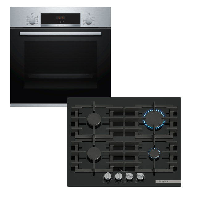 BOSCH 60CM SERIES 4 MULTIFUCTION BUILT IN OVEN - HBJ534ES0Z & BOSCH GAS HOB 60CM BLACK TEMPERED GLASS SERIES 6 -PPP6A6I40Z