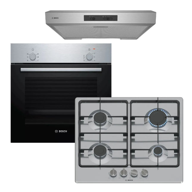 BOSCH 60CM GAS HOB, ELECTRIC OVEN & EXTRACTOR COMBO – PGP6B5K60Z & HBF010BRIZ & DHU635HZA