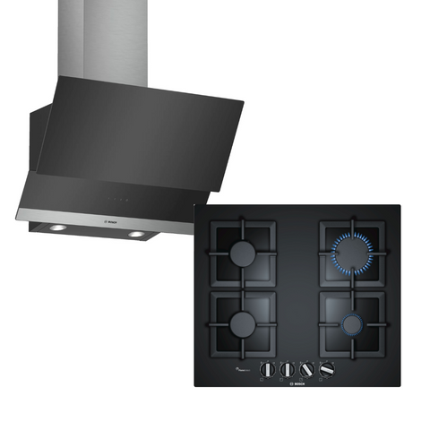 BOSCH 60CM GAS HOB BLACK GLASS SERIES 6 PPP6A6B20Z + 60CM BLACK GLASS WALL MOUNTED EXTRACTOR COMBO