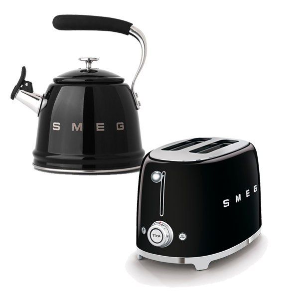 SMEG 2 SLICE TOASTER & 2.3L WHISTLING KETTLE BLACK COMBO