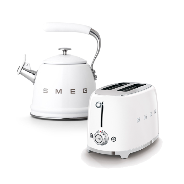 SMEG 2 SLICE TOASTER & 2.3L WHISTLING KETTLE WHITE COMBO