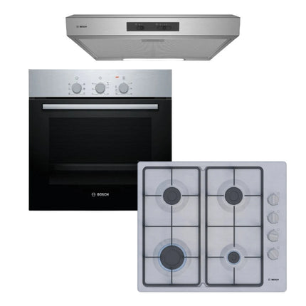 BOSCH OVEN 60CM HBF011BR2Z + BOSCH 60CM GAS HOB STAINLESS STEEL PBP6C5K60M +BOSCH 60CM EXTRACTOR DHU635HZA