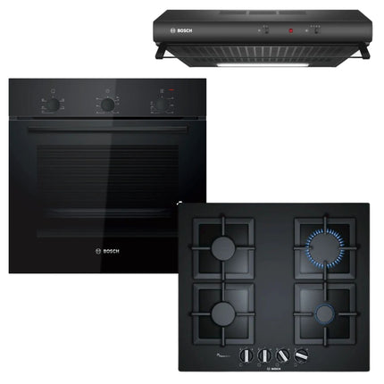 BOSCH OVEN 60CM HBF011BA1Z + BOSCH 60CM GAS HOB BLACK GLASS PPP6A6B20Z +BOSCH 60CM EXTRACTOR HOOD DHU636HQ