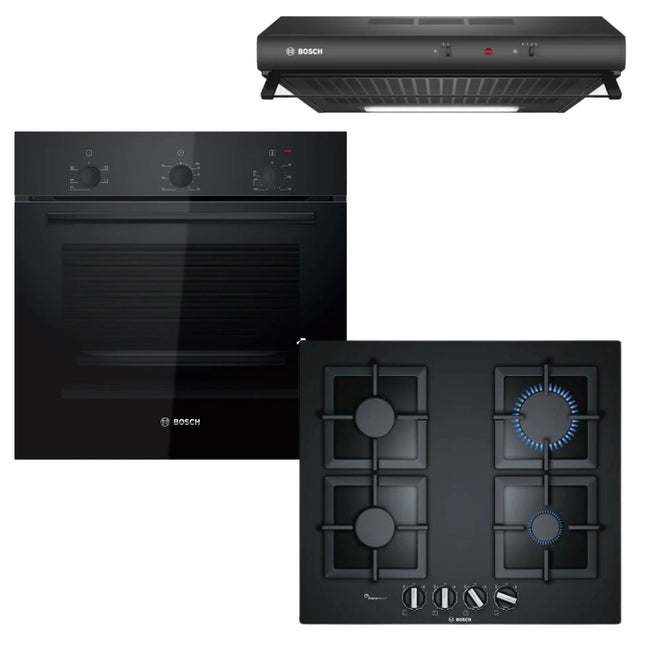 BOSCH OVEN 60CM HBF011BA1Z + BOSCH 60CM GAS HOB BLACK GLASS PPP6A6B20Z +BOSCH 60CM EXTRACTOR HOOD DHU636HQ