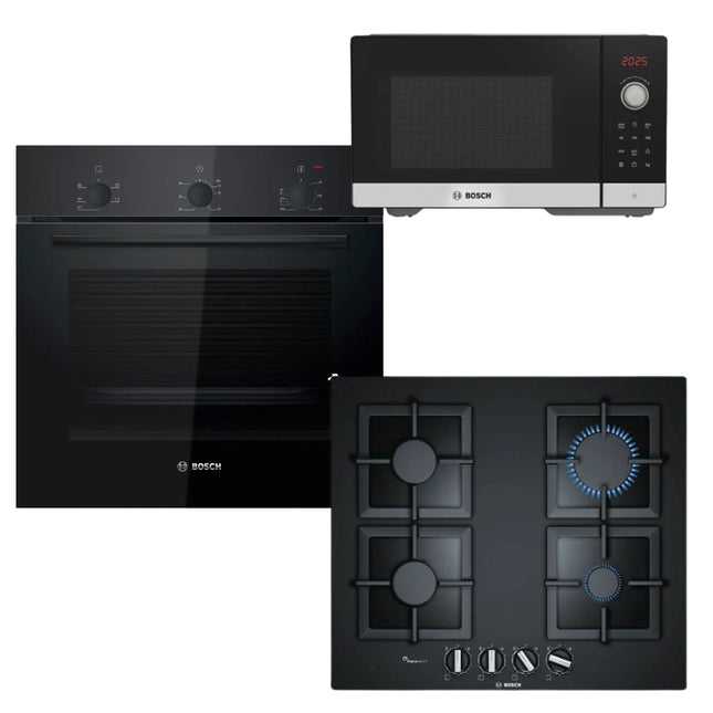 BOSCH OVEN 60CM HBF011BA1Z + BOSCH 60CM GAS HOB BLACK GLASS PPP6A6B20Z + BOSCH MICROWAVE OVEN FEL053MS1