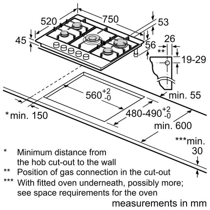 BOSCH 75CM 5 PLATE STAINLESS STEEL GAS HOB SERIES 6 - PCQ7A5B90Z